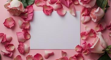 ai generiert ein leer Papier und Rose Blütenblätter auf ein Rosa Hintergrund foto