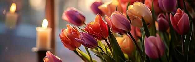 ai generiert ein Bündel von bunt Tulpen im Vorderseite von ein Kerze Licht foto