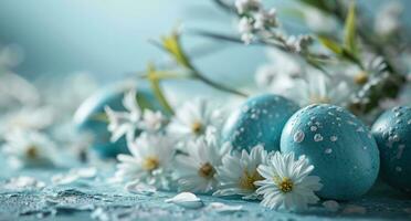 ai generiert ein Licht Blau Hintergrund mit Blau Eier, Blumen und Gänseblümchen foto