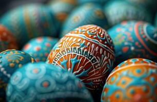 ai generiert ein Gruppe von Ostern Eier mit bunt Designs auf Sie foto