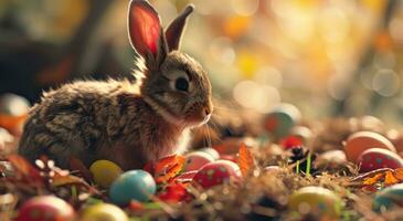 ai generiert ein ohrig Hase Sitzung im das Nest von farbig Eier foto