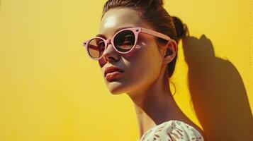 ai generiert ein jung Frau tragen Rosa Sonnenbrille Über ein Gelb Hintergrund foto