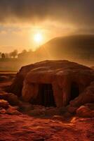 ai generiert Sonnenaufgang Über ein Megalith Grab foto