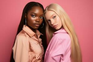 ai generiert modisch zwei jung gemischtrassig Frauen posieren zusammen isoliert auf Rosa Hintergrund foto