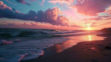 ai generiert schön Sonnenuntergang auf das Strand. Meer Wellen und Spritzer. foto