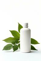 ai generiert leer kosmetisch Flasche mit Grün Blätter auf Weiß Hintergrund foto