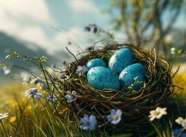 ai generiert Blau Ostern Eier sind im das Nest Ostern foto