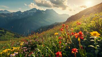 ai generiert bunt Wiese mit Wildblumen und Berge im das Hintergrund foto