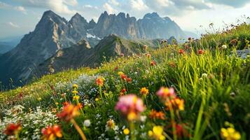 ai generiert bunt Wiese mit Wildblumen und Berge im das Hintergrund foto