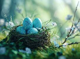 ai generiert Blau Ostern Eier sind im das Nest Ostern foto