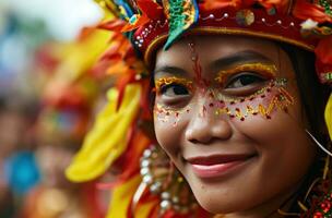 ai generiert Karneval Mädchen lächelnd zum das Kamera beim ein Parade foto