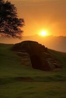 ai generiert Sonnenaufgang Über ein Megalith Grab foto