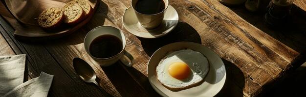 ai generiert Kaffee Kuchen und Ei auf ein Platte, foto