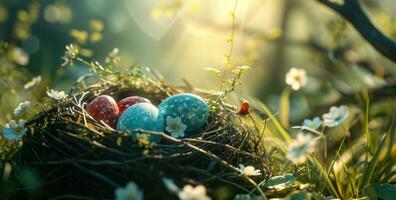 ai generiert bunt Ostern Eier im ein Nest auf ein hölzern Tabelle foto