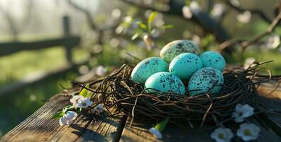 ai generiert bunt Ostern Eier im ein Nest auf ein hölzern Tabelle foto