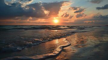 ai generiert schön Sonnenuntergang auf das Strand. Meer Wellen und Spritzer. foto