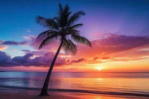 ai generiert schön Natur tropisch Strand und Meer mit Kokosnuss Palme Baum beim Sonnenuntergang Zeit zum Reise und Ferien foto