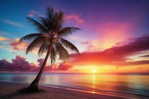 ai generiert schön Natur tropisch Strand und Meer mit Kokosnuss Palme Baum beim Sonnenuntergang Zeit zum Reise und Ferien foto