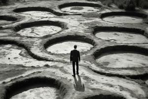 ai generiert ein Mann Stehen im das Mitte von ein Labyrinth foto
