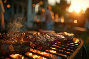 ai generiert Grillen beim ein draußen Party mit Menschen um foto