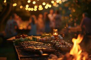 ai generiert Grillen beim ein draußen Party mit Menschen um foto