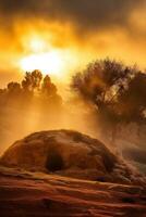 ai generiert Sonnenaufgang Über ein Megalith Grab foto