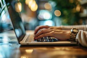 ai generiert schließen oben von weiblich Hände Tippen auf Laptop Tastatur beim Tabelle im Cafe foto