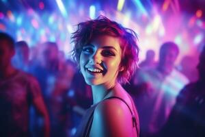 ai generiert Porträt von ein schön Mädchen mit kurz Haar Tanzen im ein Nachtclub foto