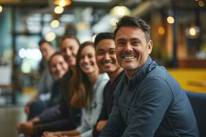 ai generiert Gruppe von Geschäft Menschen haben ein Treffen beim kreativ Büro foto