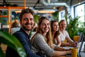 ai generiert Gruppe von Geschäft Menschen haben ein Treffen beim kreativ Büro foto