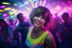 ai generiert Porträt von ein schön Mädchen mit kurz Haar Tanzen im ein Nachtclub foto