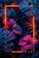 ai generiert Neon- Neon- und Hibiskus Blätter im ein abstrakt Rahmen mit Orange Neon- Neon- foto