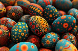ai generiert viele Ostern Eier sind bunt mit Polka Punkte auf Sie foto