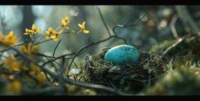 ai generiert einer Ostern Eier Nest im ein Garten foto