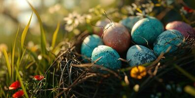 ai generiert bunt Ostern Eier im ein Nest auf ein hölzern Tabelle foto