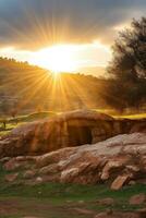 ai generiert Sonnenaufgang Über ein Megalith Grab foto