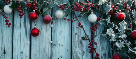 ai generiert Ornamente und Stechpalme Geäst auf ein hölzern Zaun mit Schnee und Eis foto