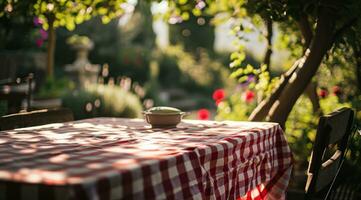 ai generiert rot und Weiß Gingham Tabelle Startseite auf das Tabelle im Frühling foto