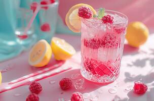 ai generiert das Himbeeren und Limonade ist garniert mit Zitronen und Himbeeren foto