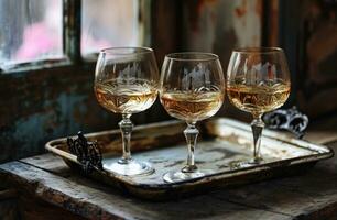 ai generiert drei Französisch Weiß Wein Brille mit zwei bearbeitet Eisen Endstücke auf ein Antiquität Zinn Tablett foto