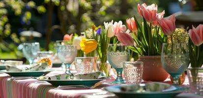 ai generiert Rosa Tabelle Tücher mit Tulpen sind auf ein Tabelle draußen im Sonnenlicht foto