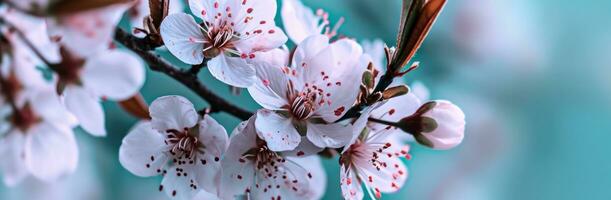 ai generiert Rosa Blüten auf ein Blau Hintergrund foto