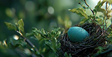 ai generiert einer Ostern Eier Nest im ein Garten foto