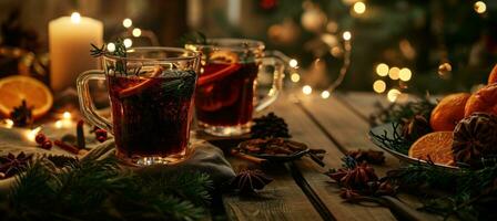 ai generiert Weihnachten überlegte Wein mit Weihnachten Laub auf ein hölzern Tabelle und Weihnachten Stoff foto