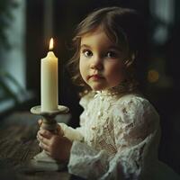 ai generiert Taufe Zeremonie Einladung wenig Mädchen Sitzung Nächster zu Kerze foto