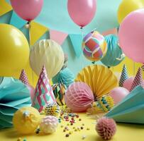 ai generiert mehrere Luftballons und Süßigkeiten sind vereinbart worden im ein Kreis auf ein Gelb Hintergrund foto