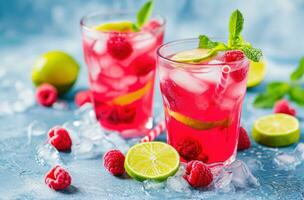 ai generiert mit Limette und ein Himbeere, zwei Brille von Himbeere Limonade foto