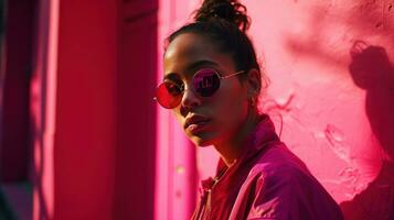 ai generiert Frau im ein Rosa Jacke und Sonnenbrille und Rosa Hintergrund foto