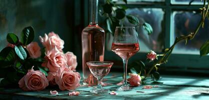 ai generiert ein Flasche von Rosa Wein und ein Glas von Wasser mit Rosen foto