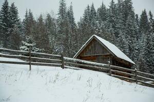 Panorama von das Dorf im das Winter Berge bedeckt mit Schnee. Winter Landschaft. das Konzept von Freiheit und Einsamkeit. foto